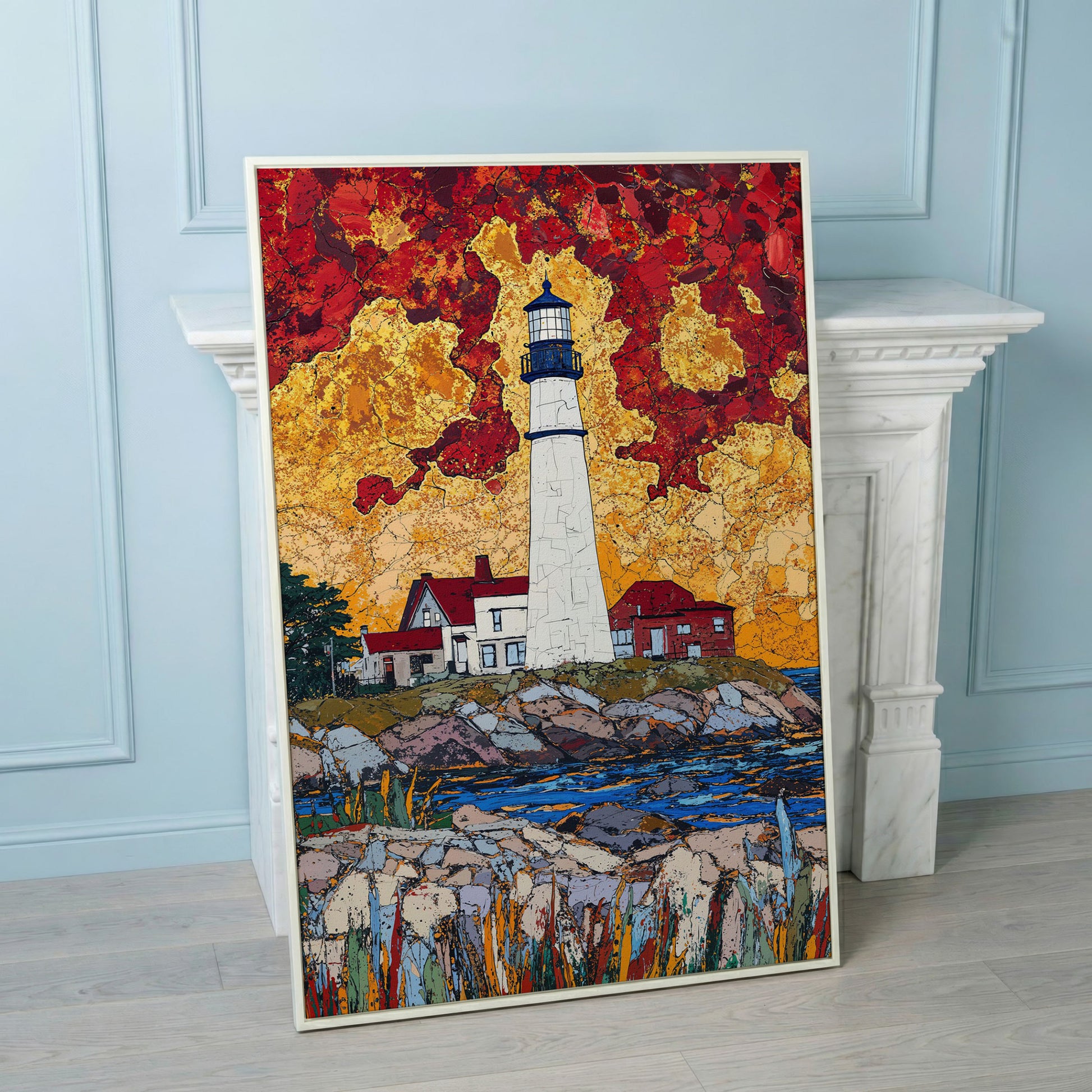 Lighthouse on Rocky Coast Canvas Art with Dramatic Sky in white floating frame