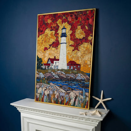 Lighthouse on Rocky Coast Canvas Art with Dramatic Sky in yellow gold floating frame
