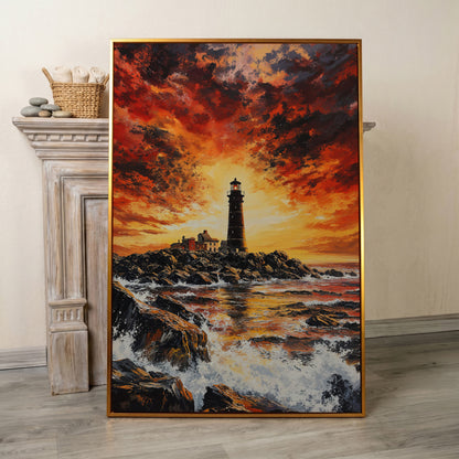 Lighthouse at Dusk Canvas Print, Turbulent Ocean Sky Art in antique gold floating frame