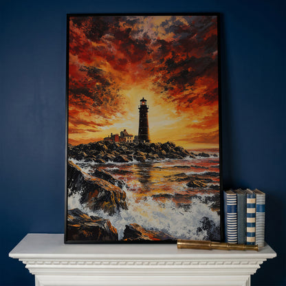Lighthouse at Dusk Canvas Print, Turbulent Ocean Sky Art in black floating frame