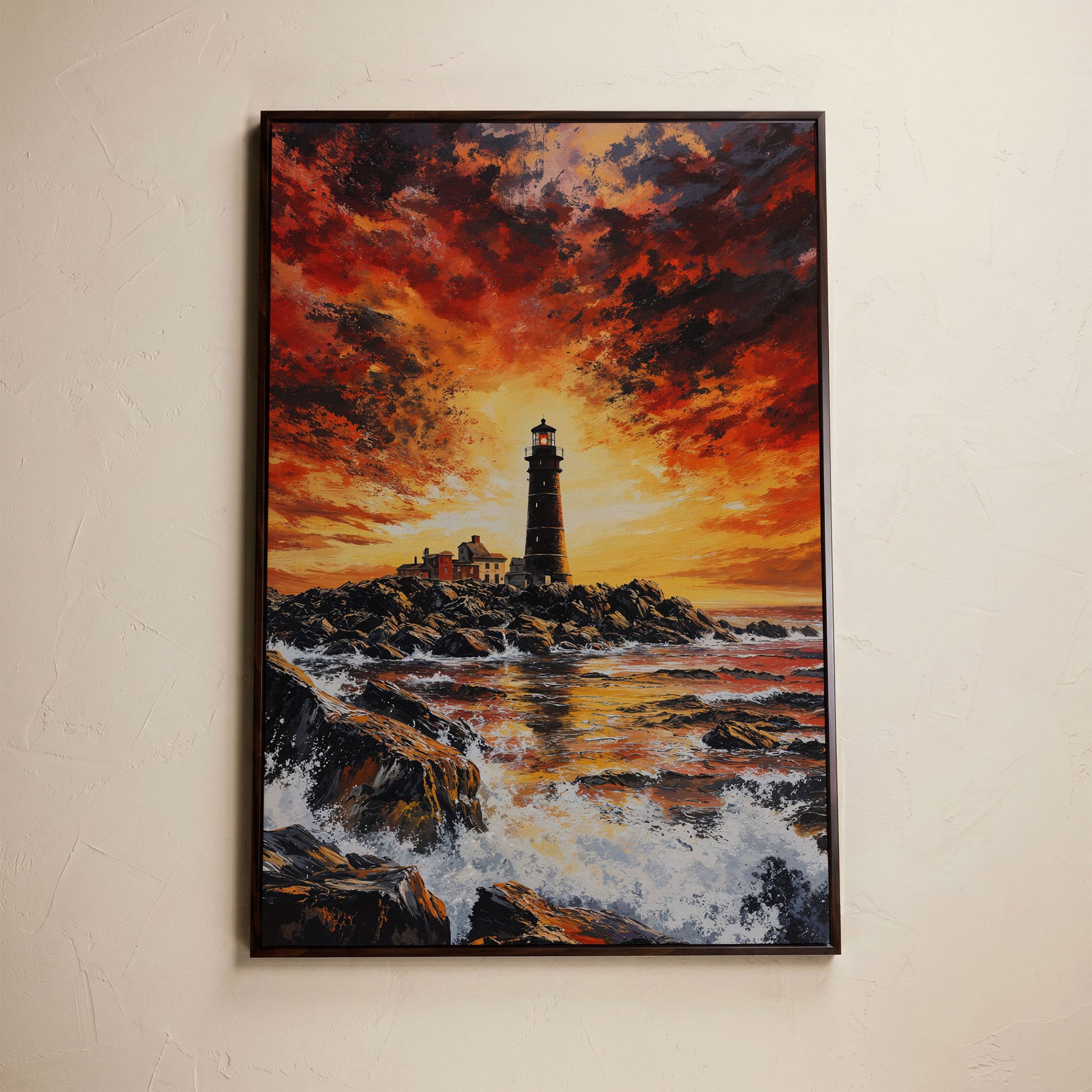 Lighthouse at Dusk Canvas Print, Turbulent Ocean Sky Art in dark walnut floating frame
