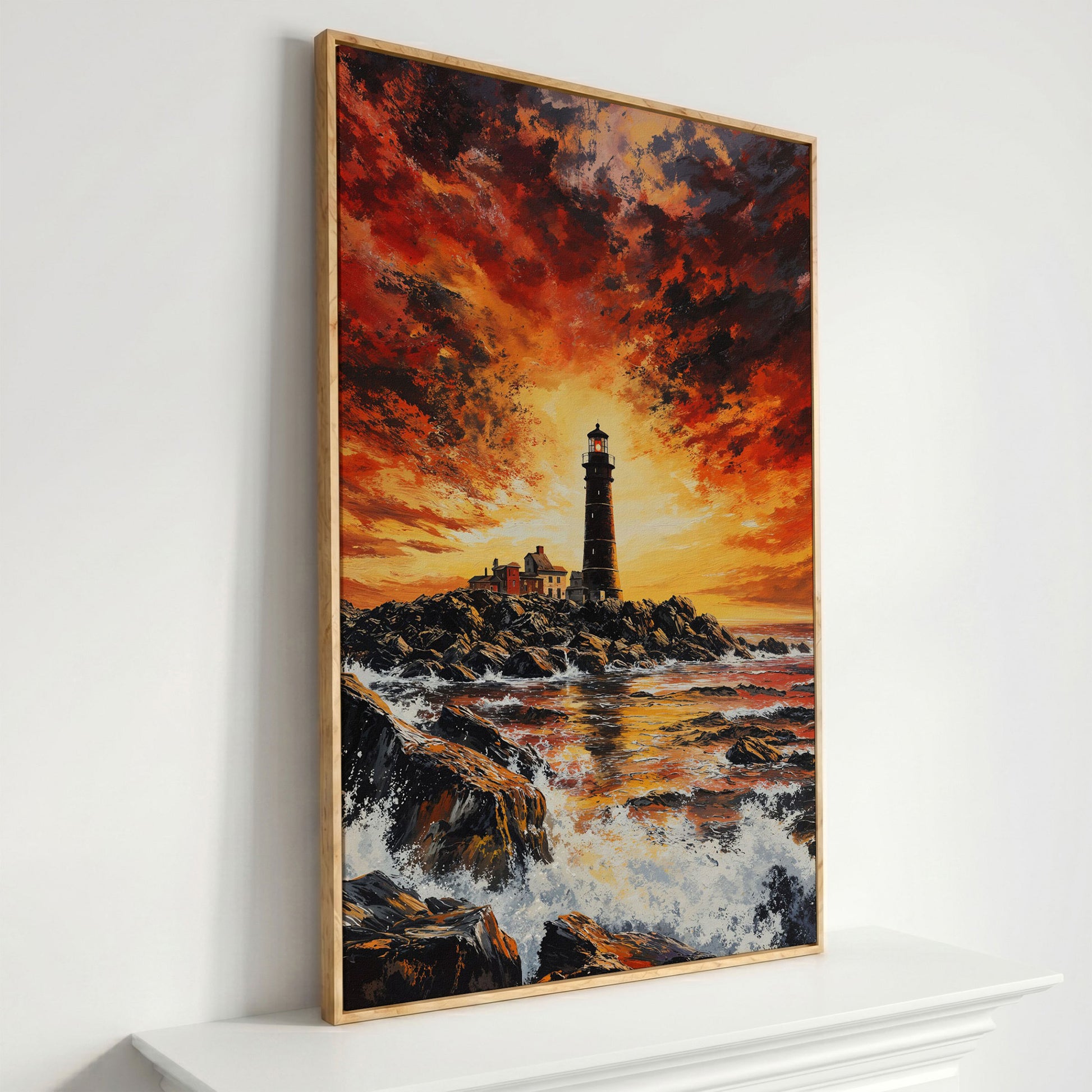 Lighthouse at Dusk Canvas Print, Turbulent Ocean Sky Art in white oak floating frame