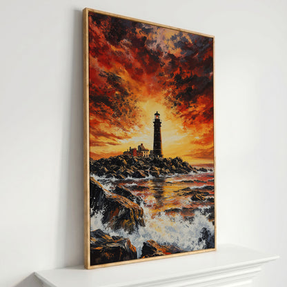 Lighthouse at Dusk Canvas Print, Turbulent Ocean Sky Art in white oak floating frame