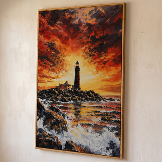Lighthouse at Dusk Canvas Print, Turbulent Ocean Sky Art shown in white oak floating frame