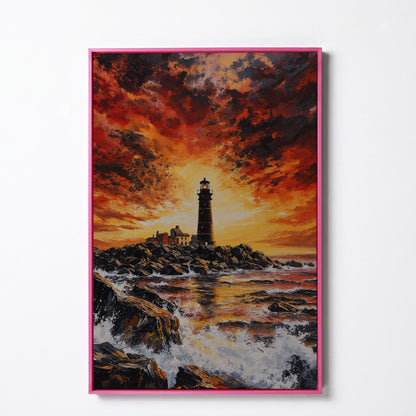 Lighthouse at Dusk Canvas Print, Turbulent Ocean Sky Art in pink floating frame