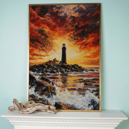 Lighthouse at Dusk Canvas Print, Turbulent Ocean Sky Art in rose gold floating frame