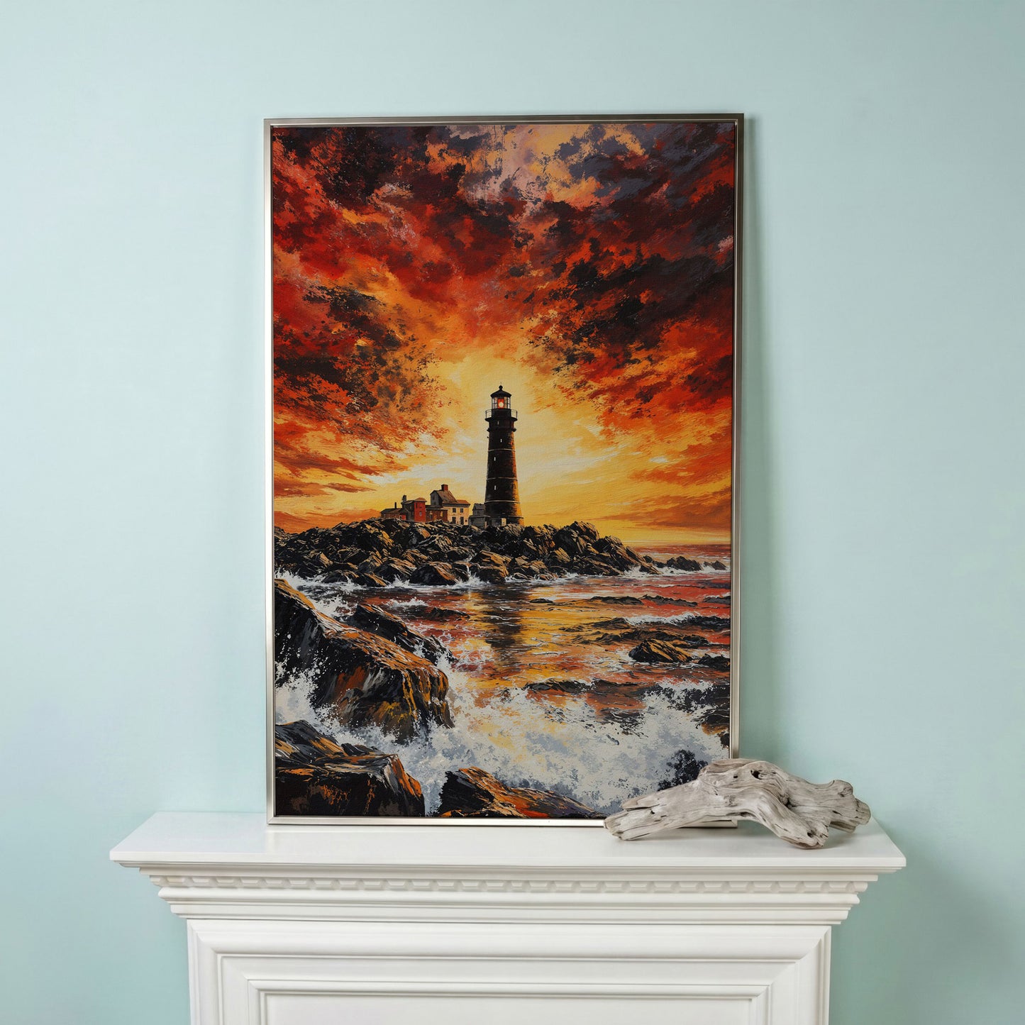 Lighthouse at Dusk Canvas Print, Turbulent Ocean Sky Art in silver floating frame