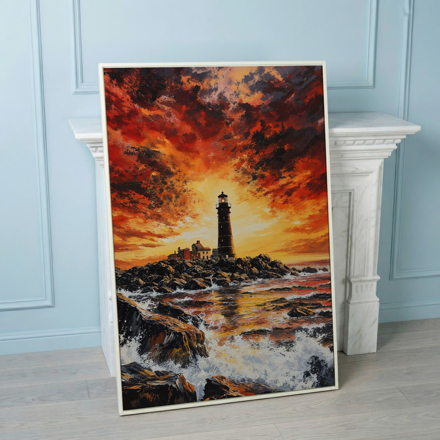 Lighthouse at Dusk Canvas Print, Turbulent Ocean Sky Art in white floating frame