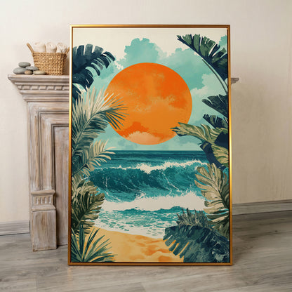 Sunny Seascape Canvas Print in antique gold floating frame