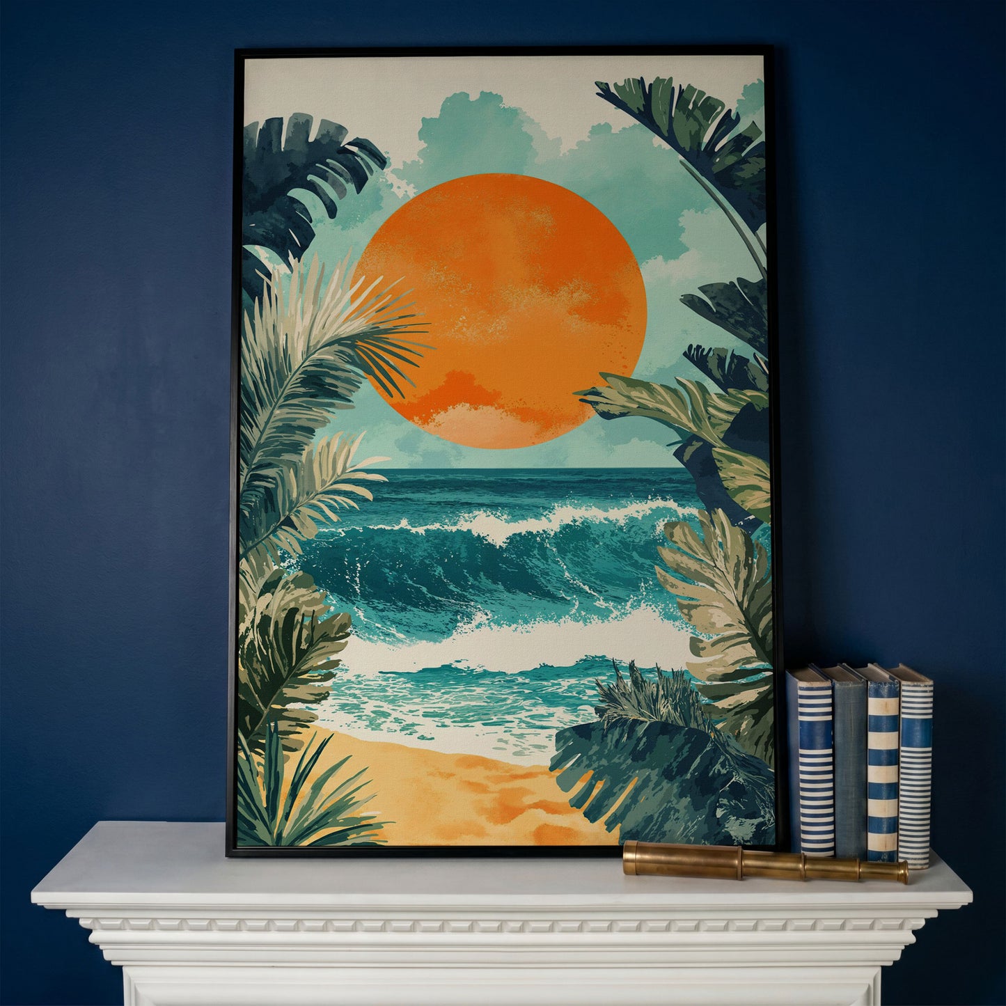 Sunny Seascape Canvas Print in black floating frame