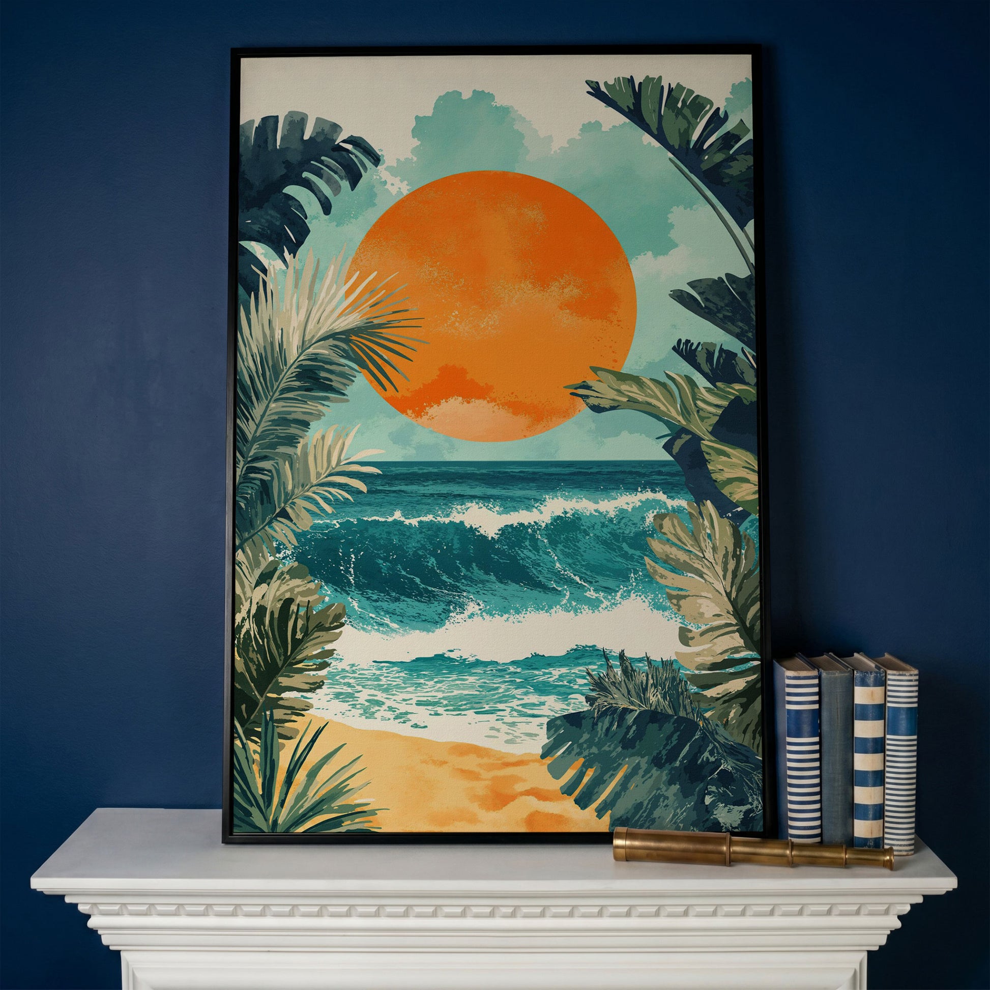 Sunny Seascape Canvas Print in black floating frame