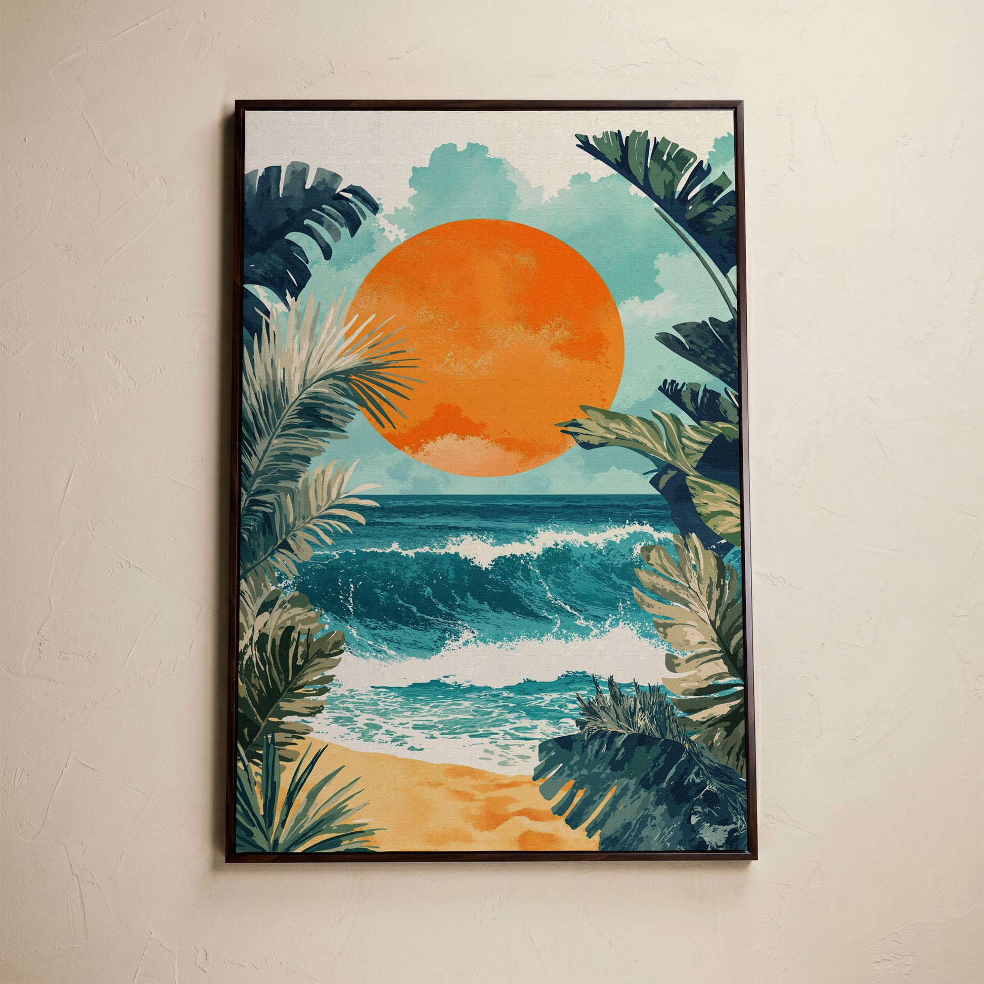 Sunny Seascape Canvas Print in dark walnut floating frame