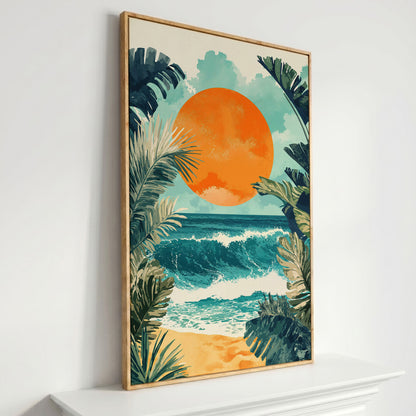 Sunny Seascape Canvas Print in white oak floating frame