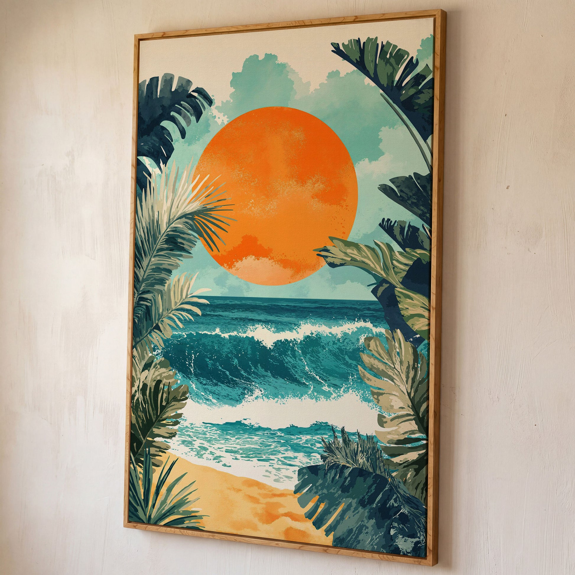 Sunny Seascape Canvas Print shown in white oak floating frame