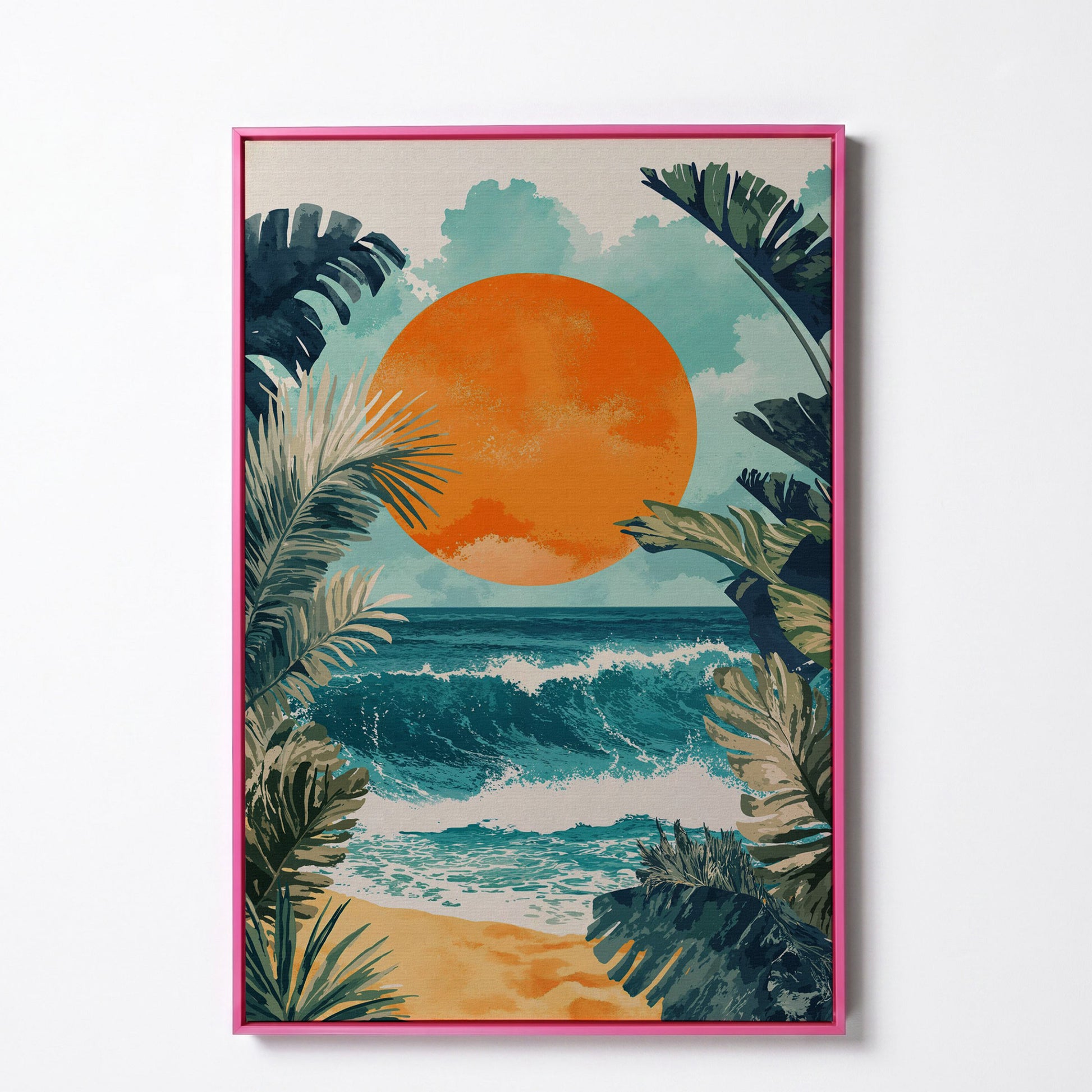 Sunny Seascape Canvas Print in pink floating frame