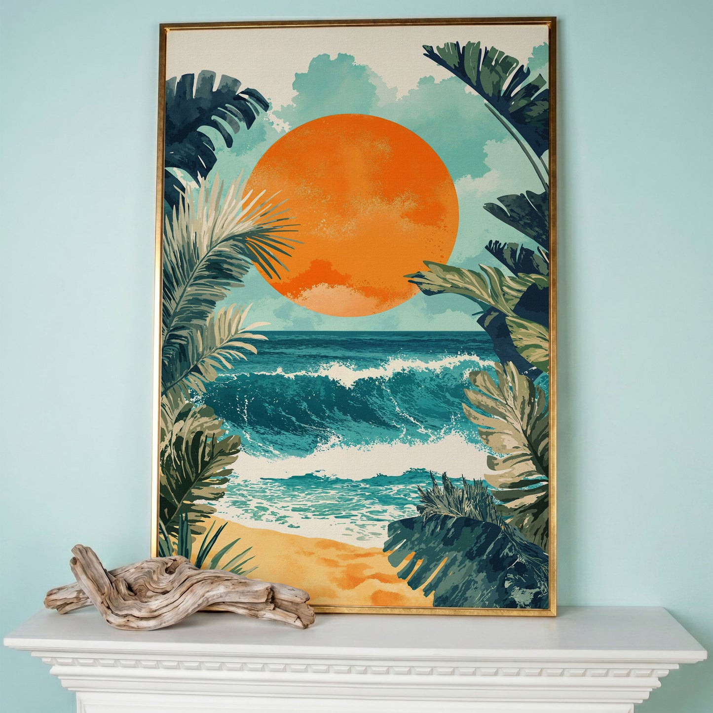 Sunny Seascape Canvas Print in rose gold floating frame