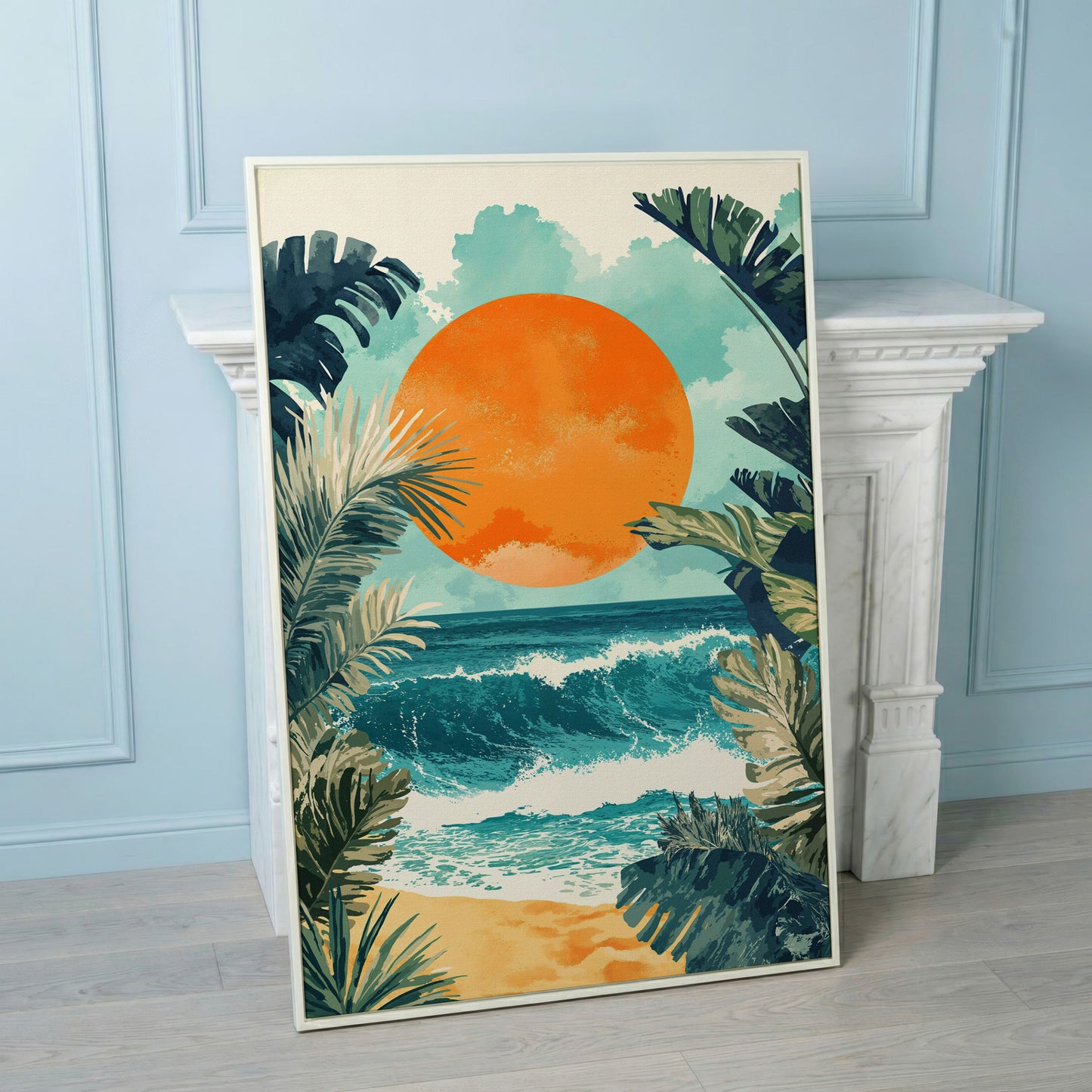 Sunny Seascape Canvas Print in white floating frame