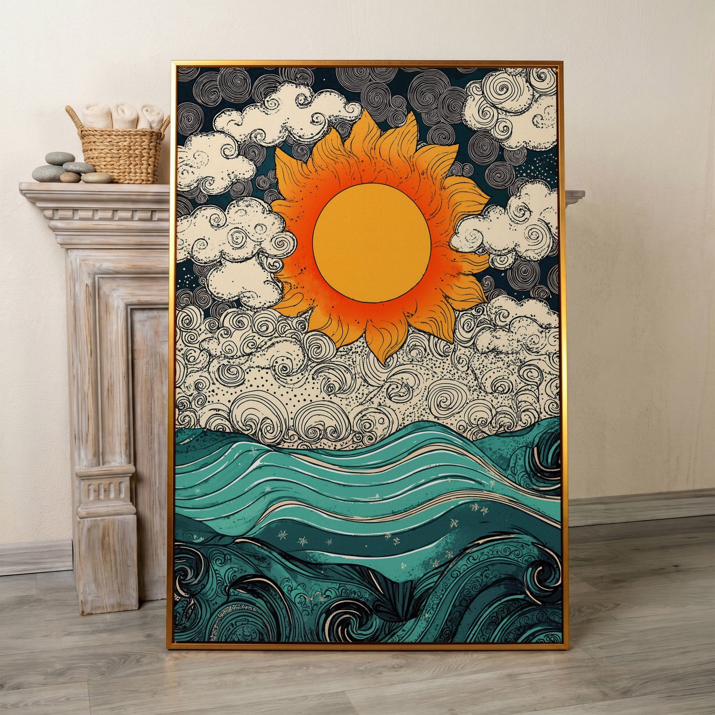 Whimsical Sun and Sea Waves Canvas in antique gold floating frame