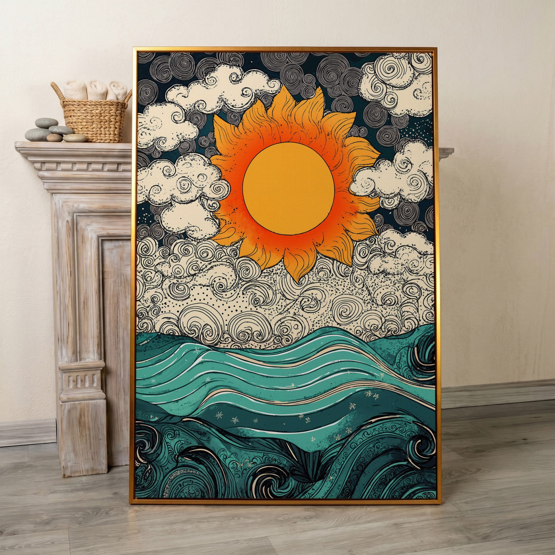 Whimsical Sun and Sea Waves Canvas in antique gold floating frame