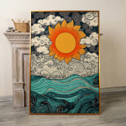 Whimsical Sun and Sea Waves Canvas in antique gold floating frame