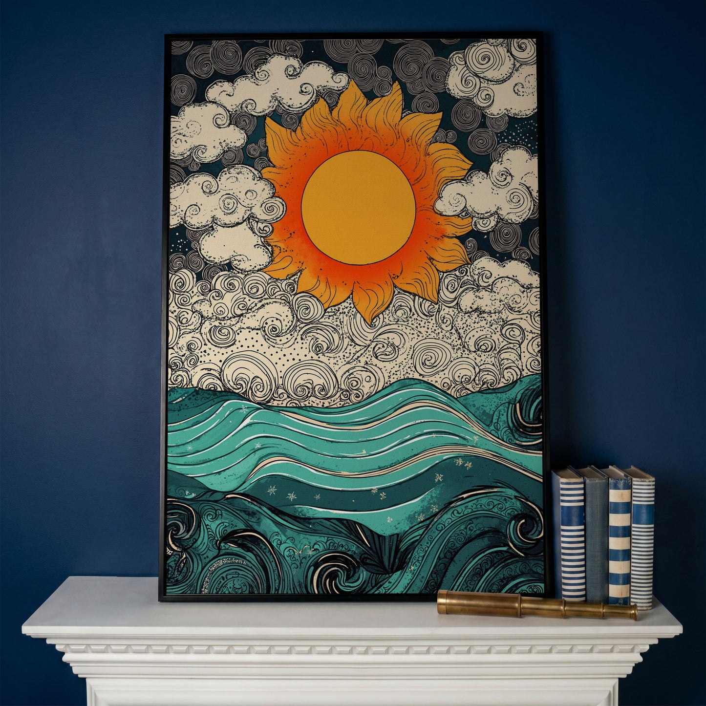 Whimsical Sun and Sea Waves Canvas in black floating frame