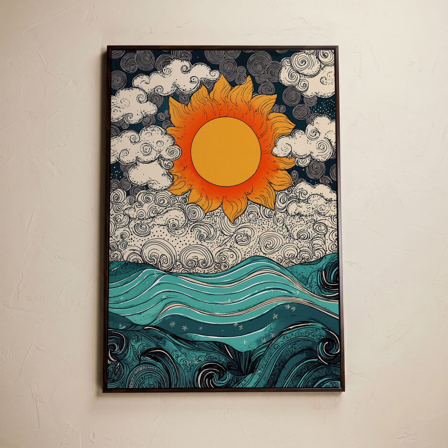 Whimsical Sun and Sea Waves Canvas in dark walnut floating frame