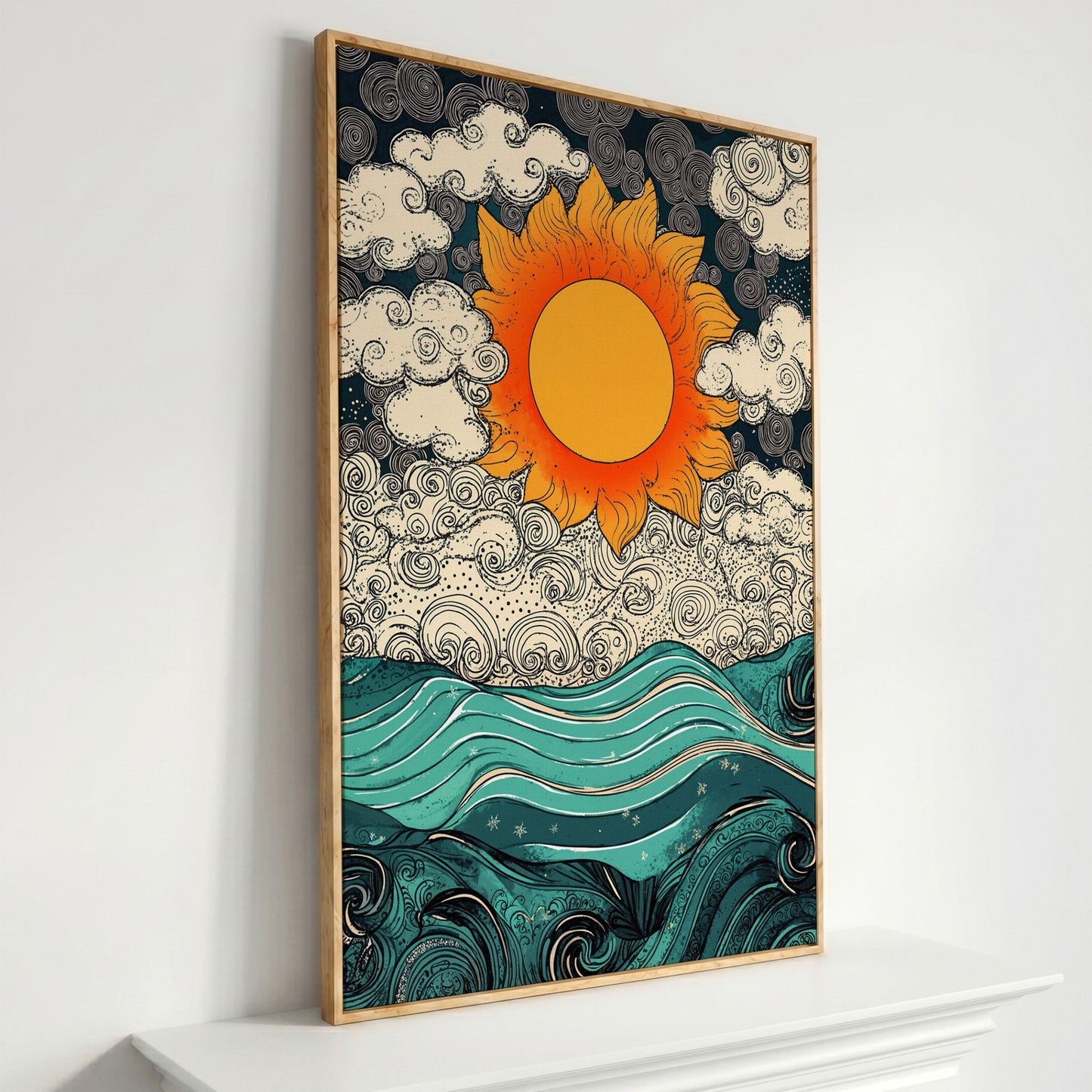 Whimsical Sun and Sea Waves Canvas in white oak floating frame