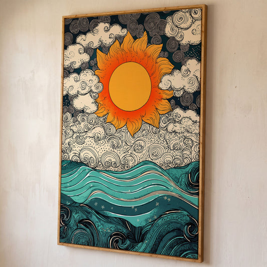 Whimsical Sun and Sea Waves Canvas shown in white oak floating frame