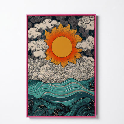 Whimsical Sun and Sea Waves Canvas in pink floating frame