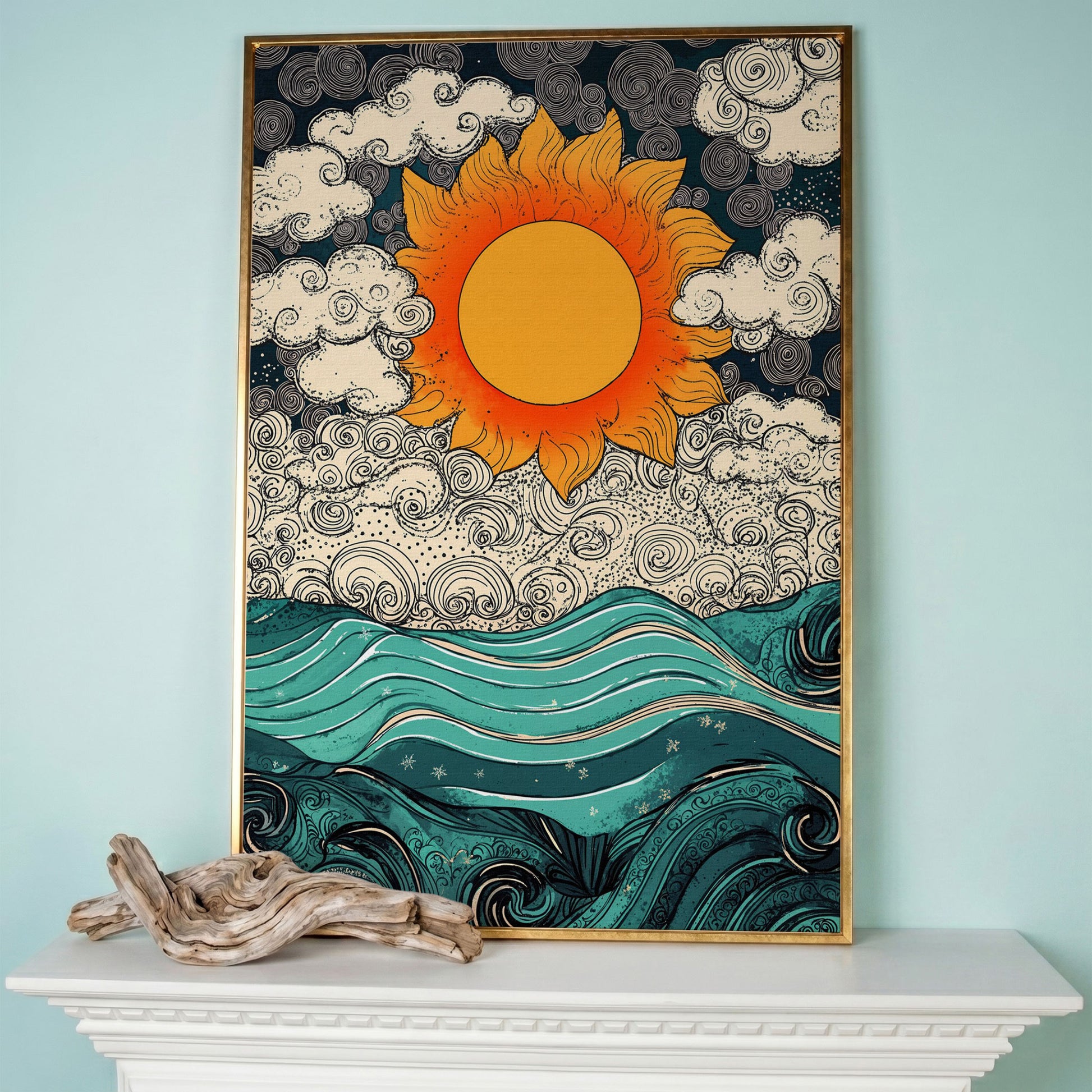 Whimsical Sun and Sea Waves Canvas in rose gold floating frame