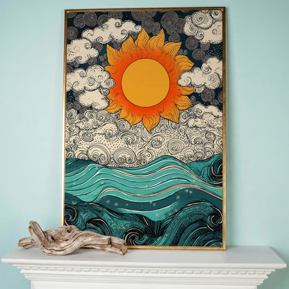 Whimsical Sun and Sea Waves Canvas in rose gold floating frame