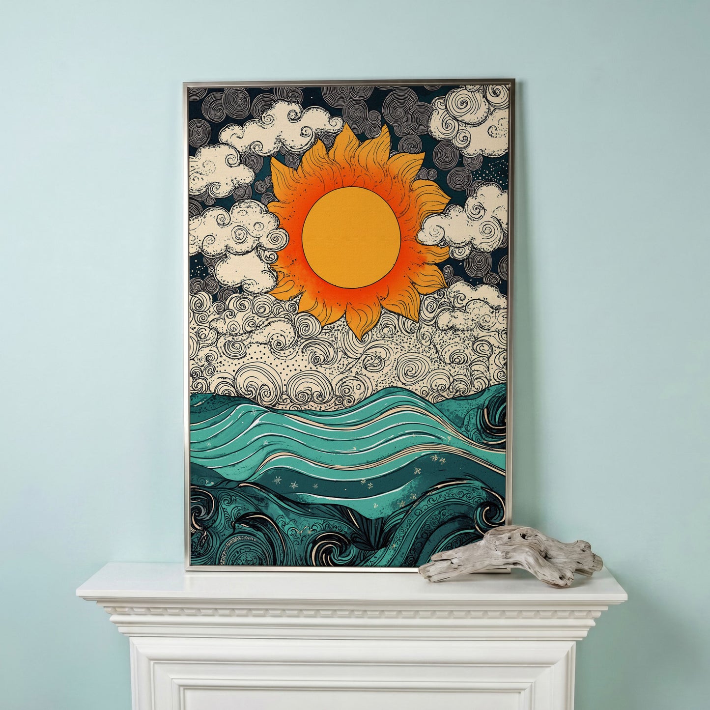 Whimsical Sun and Sea Waves Canvas in silver floating frame