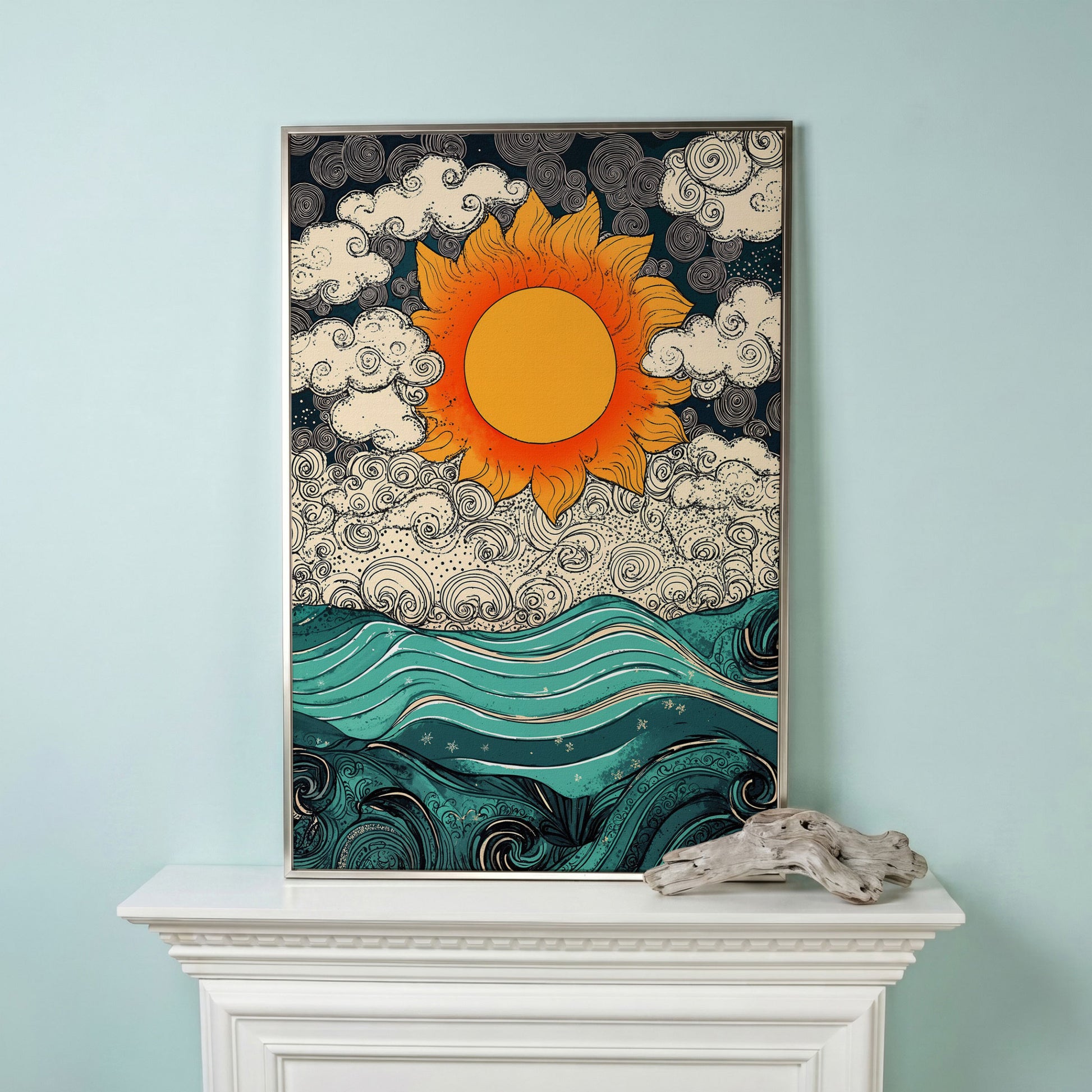 Whimsical Sun and Sea Waves Canvas in silver floating frame