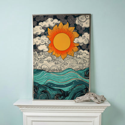 Whimsical Sun and Sea Waves Canvas in silver floating frame