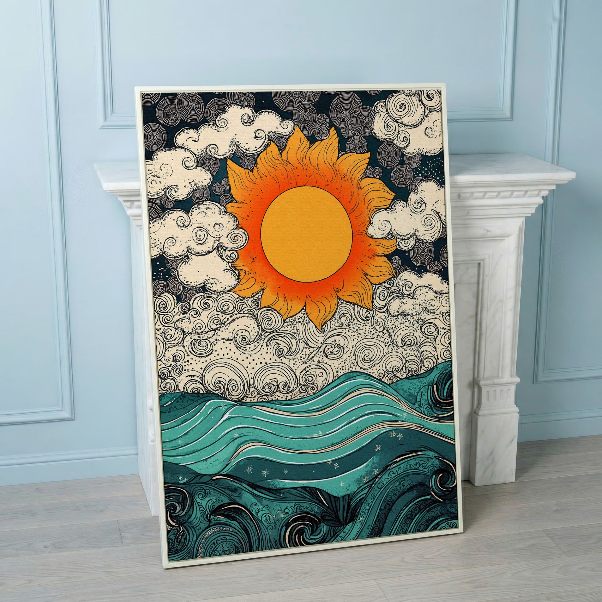 Whimsical Sun and Sea Waves Canvas in white floating frame