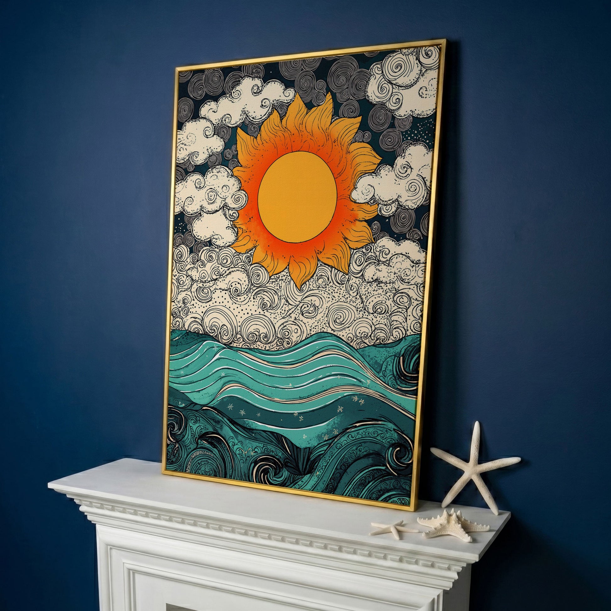 Whimsical Sun and Sea Waves Canvas in yellow gold floating frame