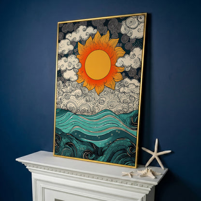Whimsical Sun and Sea Waves Canvas in yellow gold floating frame