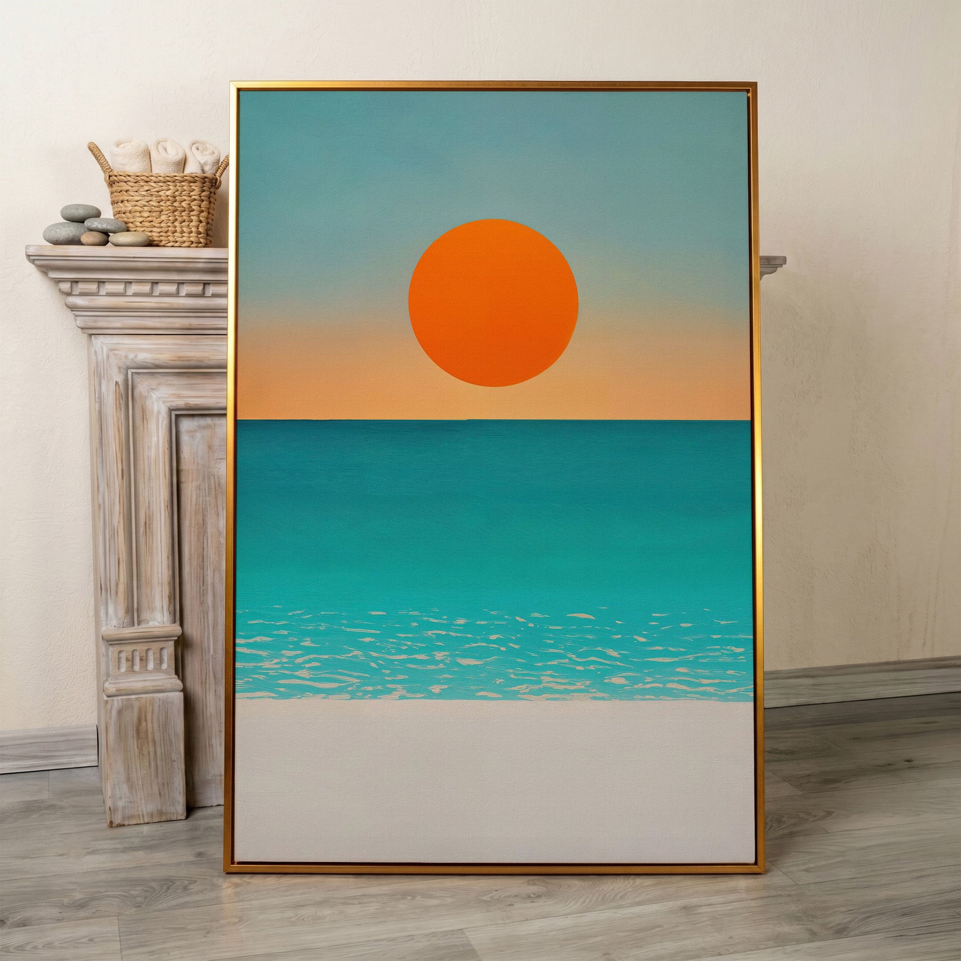 Minimalist Beach Sunset Seascape Canvas Wall Art in antique gold floating frame