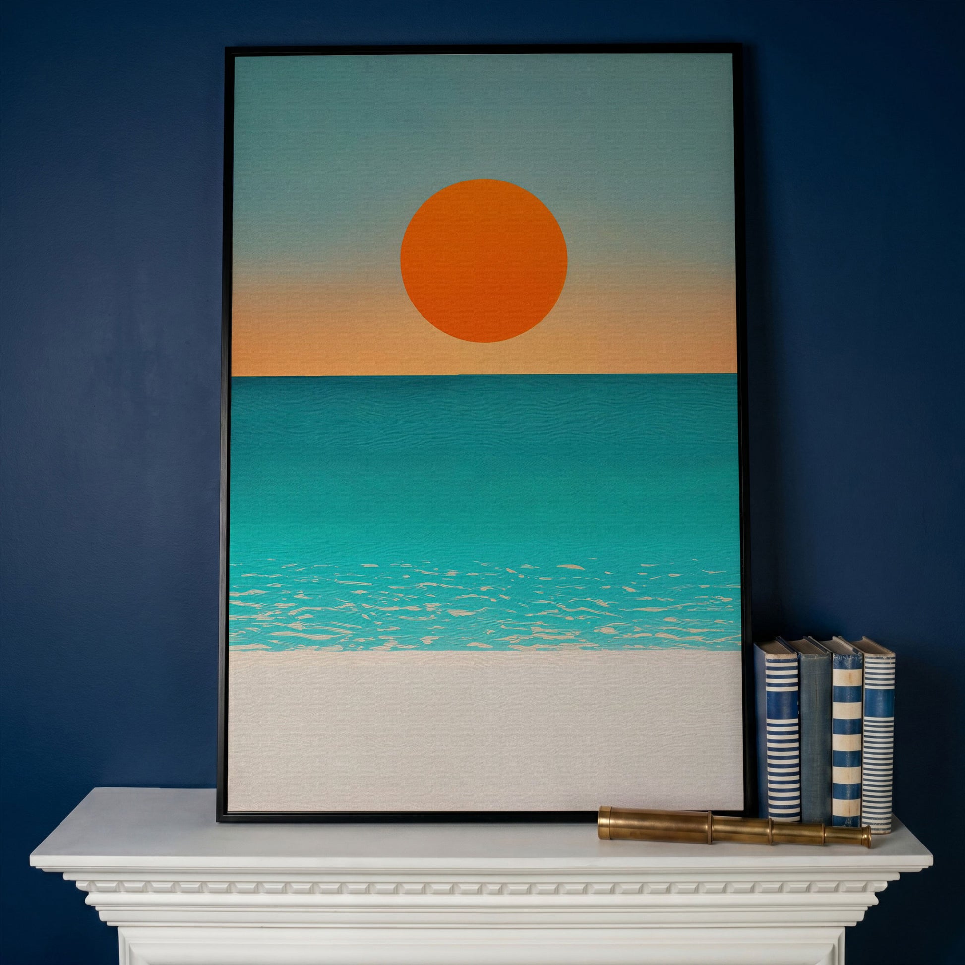 Minimalist Beach Sunset Seascape Canvas Wall Art in black floating frame