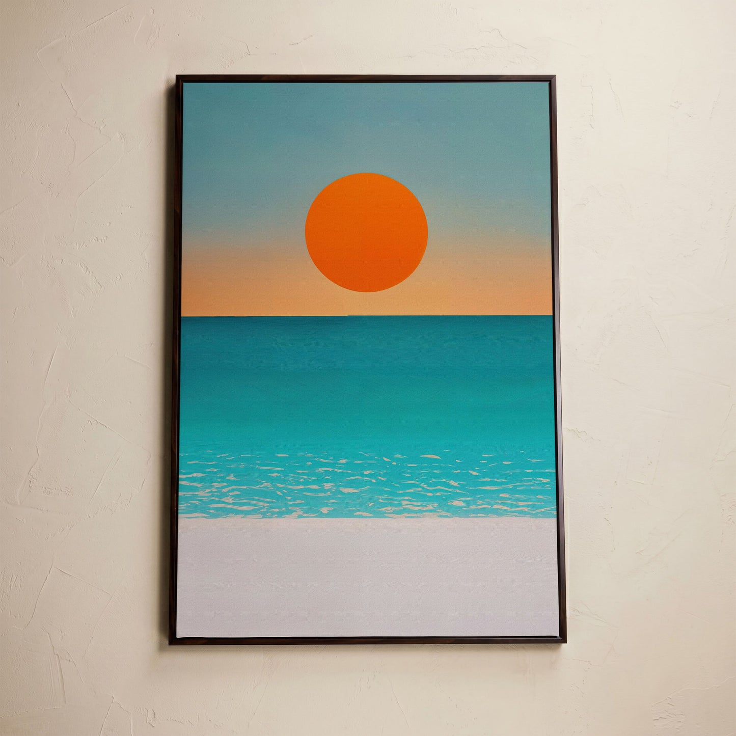 Minimalist Beach Sunset Seascape Canvas Wall Art in dark walnut floating frame