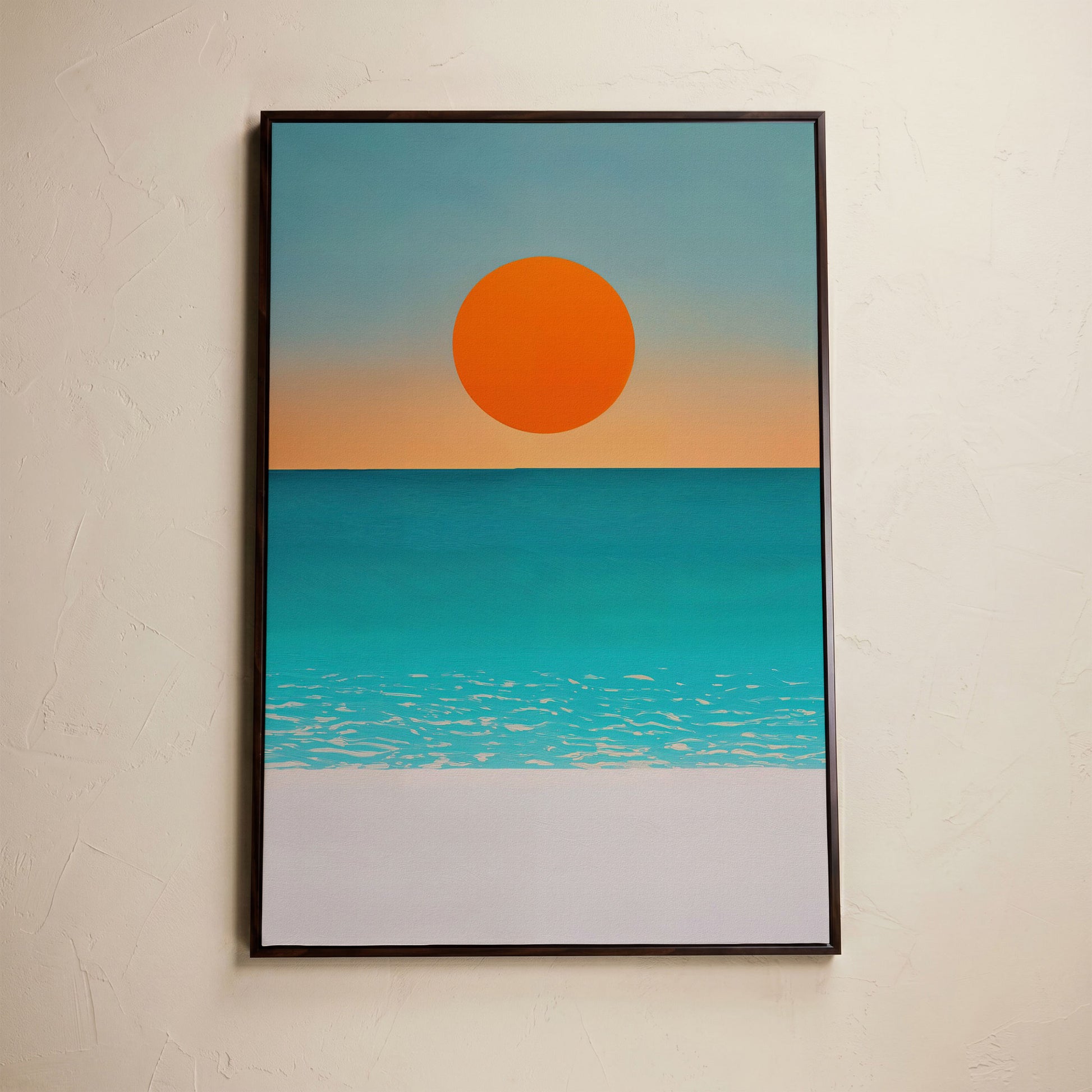 Minimalist Beach Sunset Seascape Canvas Wall Art in dark walnut floating frame