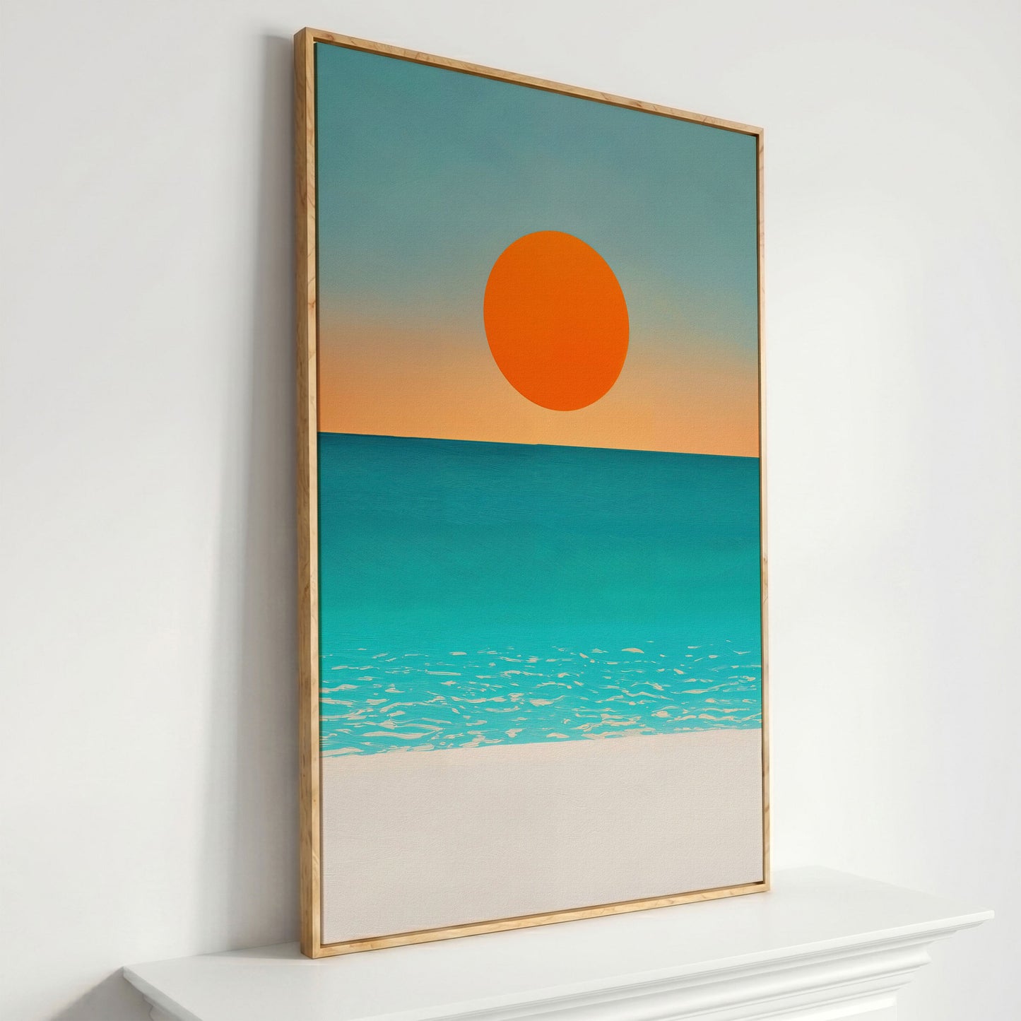 Minimalist Beach Sunset Seascape Canvas Wall Art in white oak floating frame