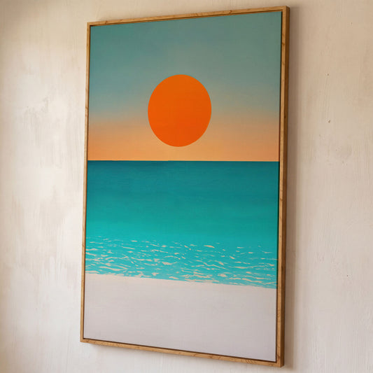 Minimalist Beach Sunset Seascape Canvas Wall Art shown in white oak floating frame