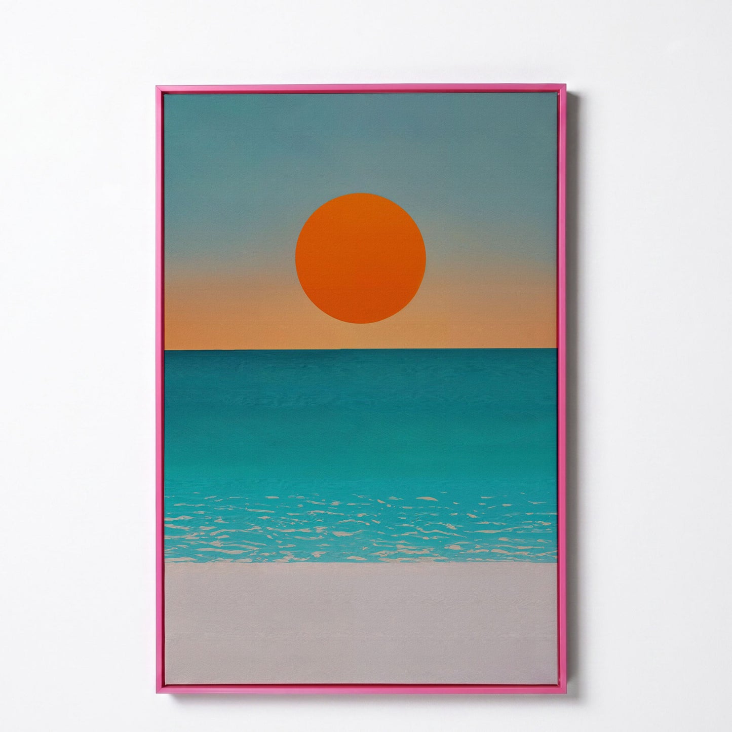 Minimalist Beach Sunset Seascape Canvas Wall Art in pink floating frame