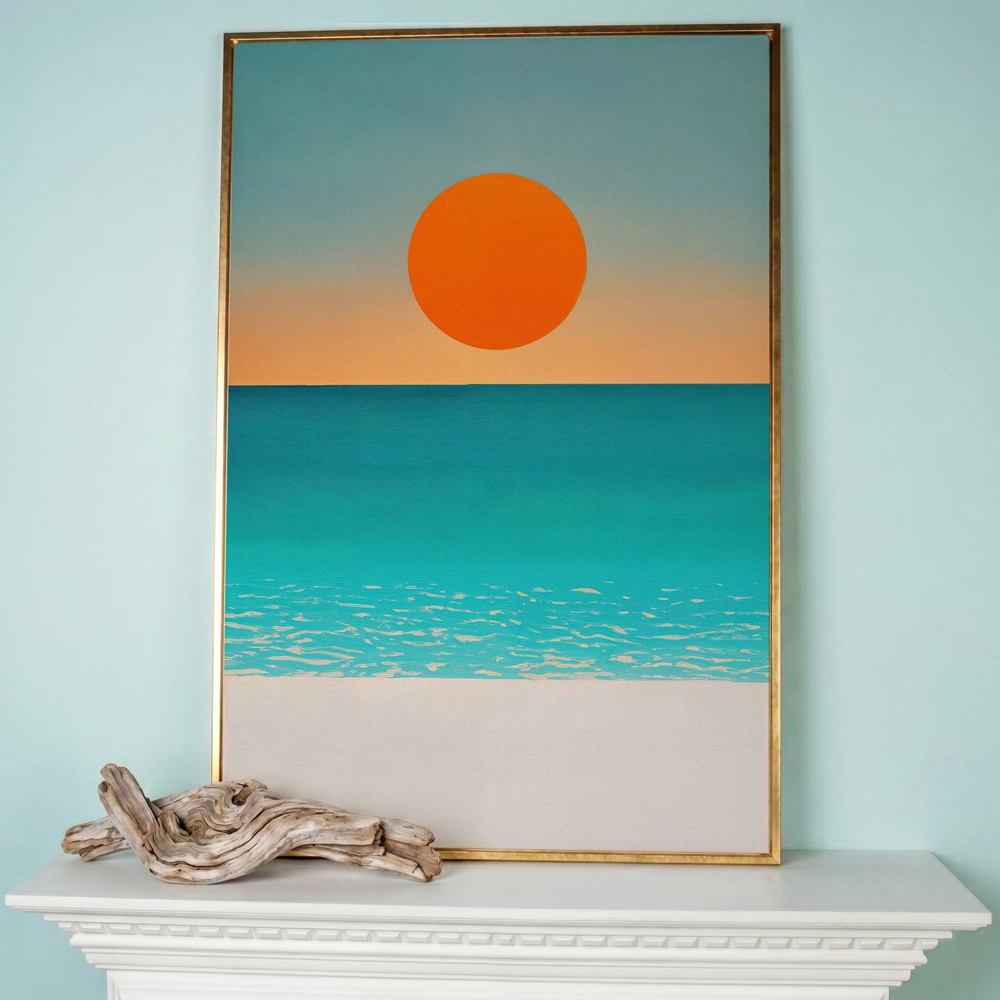 Minimalist Beach Sunset Seascape Canvas Wall Art in rose gold floating frame