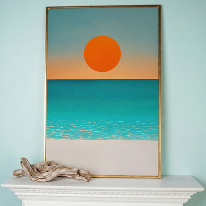 Minimalist Beach Sunset Seascape Canvas Wall Art in rose gold floating frame