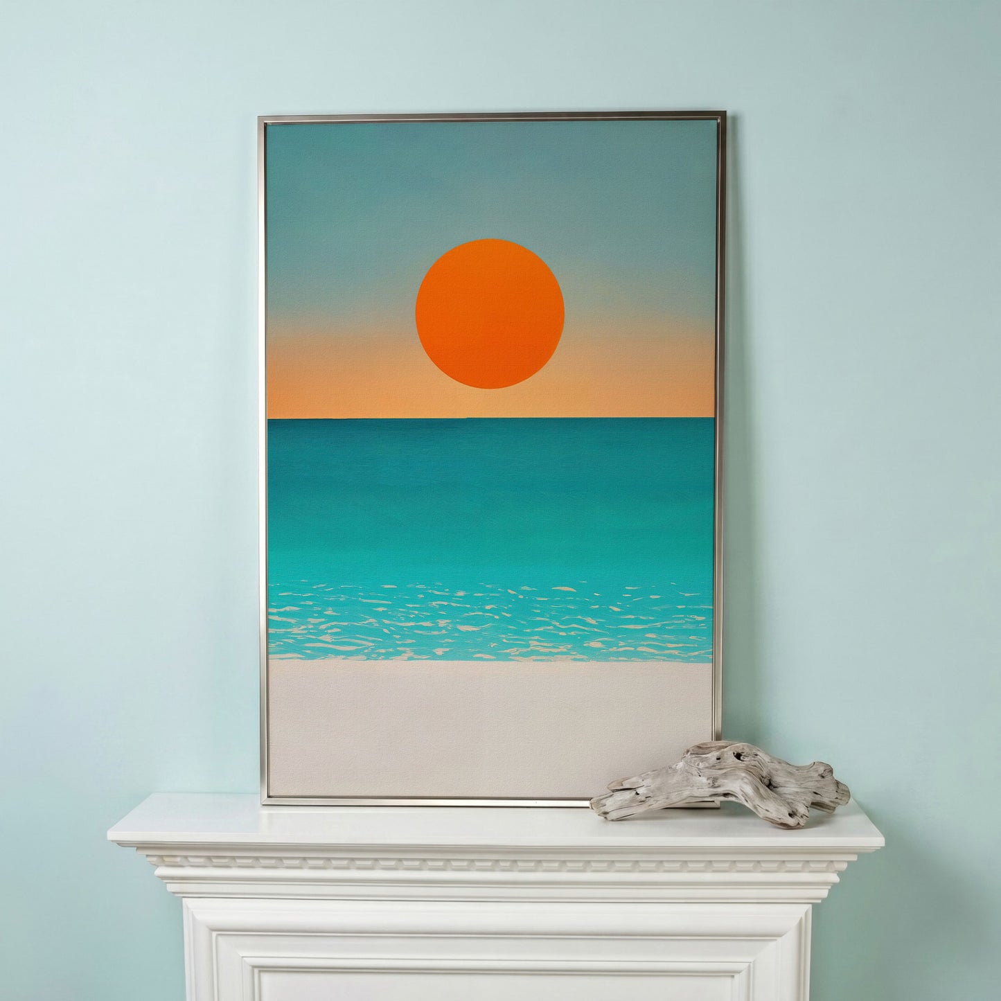 Minimalist Beach Sunset Seascape Canvas Wall Art in silver floating frame