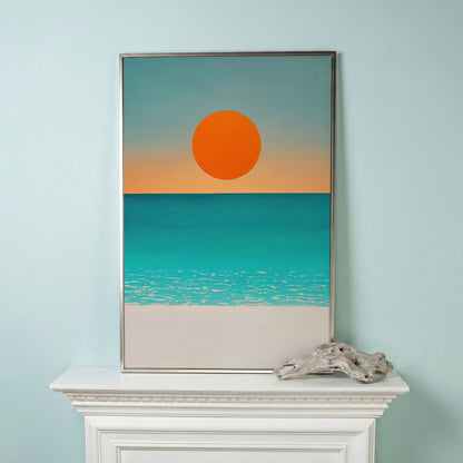 Minimalist Beach Sunset Seascape Canvas Wall Art in silver floating frame