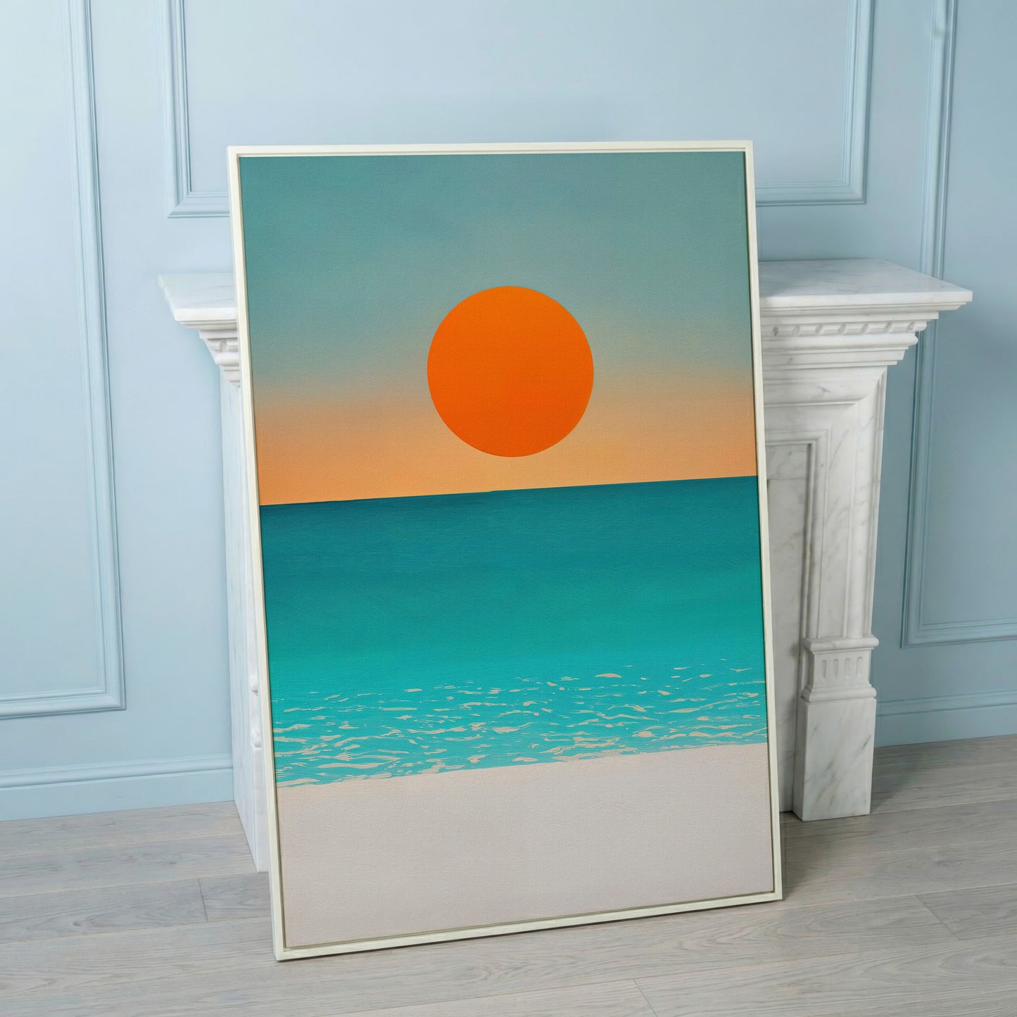 Minimalist Beach Sunset Seascape Canvas Wall Art in white floating frame