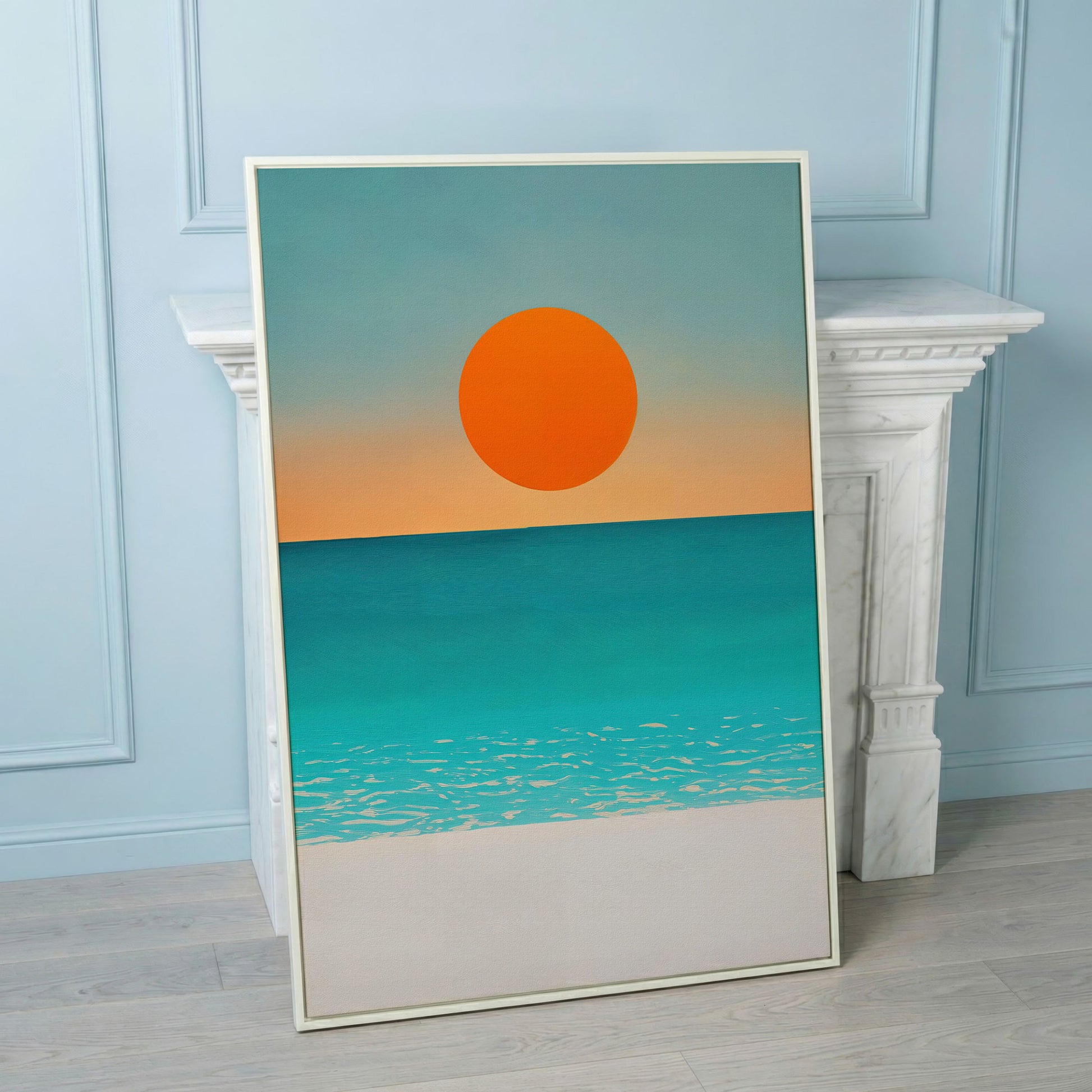 Minimalist Beach Sunset Seascape Canvas Wall Art in white floating frame